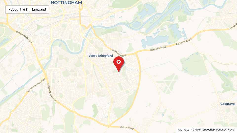 Street map of Abbey Park, England with location pin