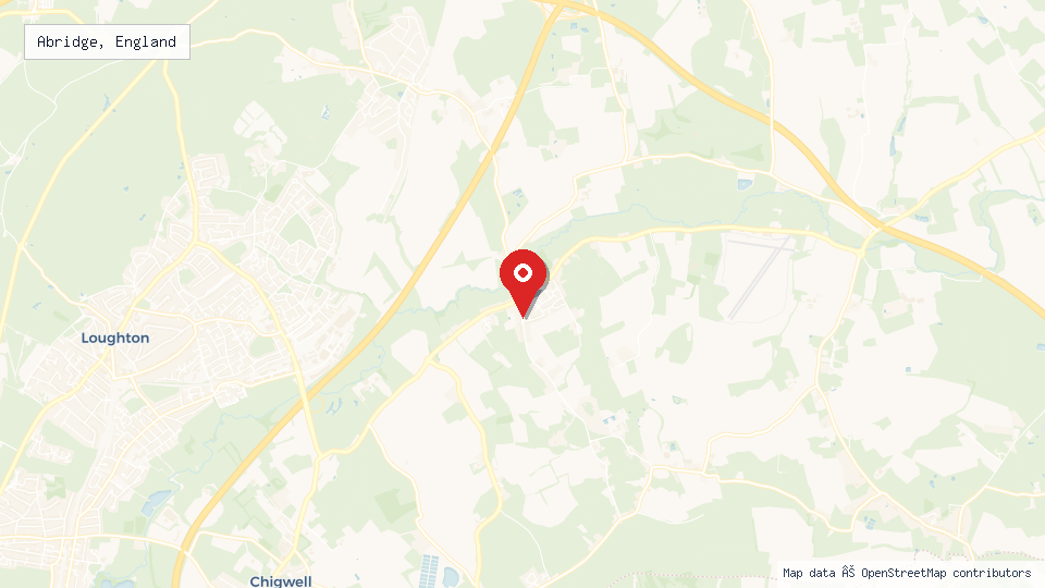 Street map of Abridge, England with location pin