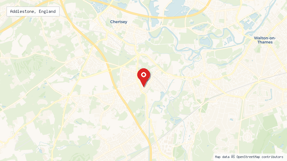 Street map of Addlestone, England with location pin