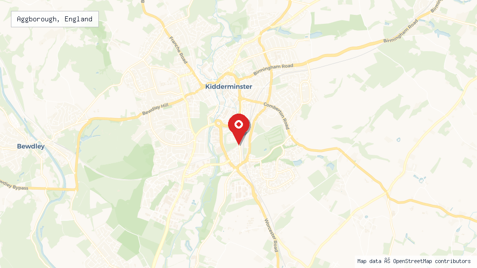 Street map of Aggborough, England with location pin