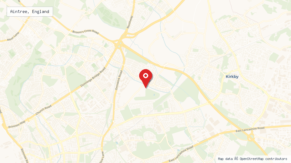 Street map of Aintree, England with location pin