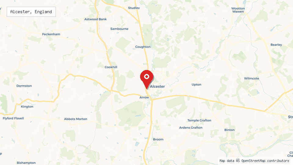 Street map of Alcester, England with location pin