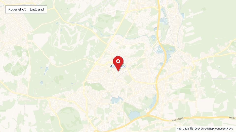 Street map of Aldershot, England with location pin
