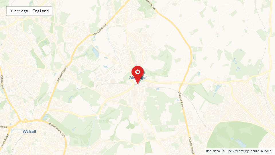 Street map of Aldridge, England with location pin