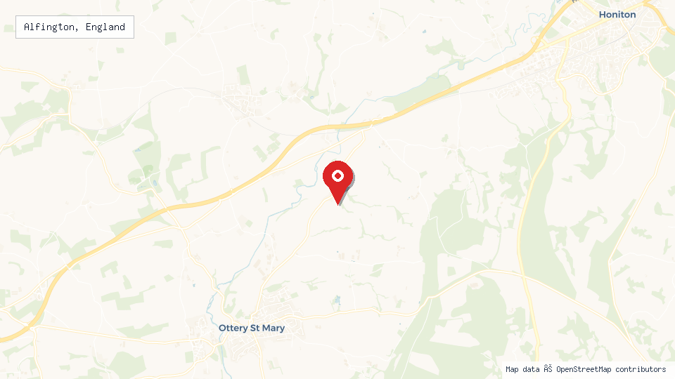 Street map of Alfington, England with location pin
