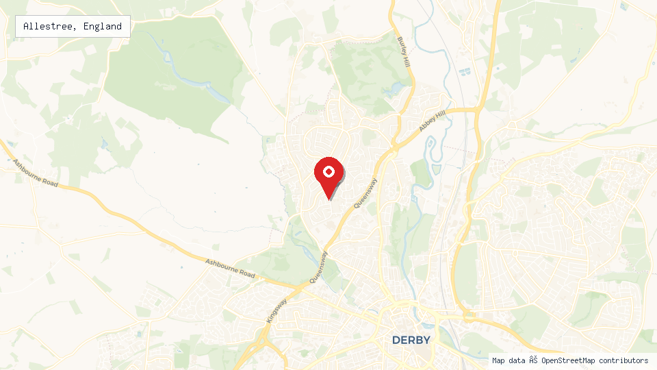 Street map of Allestree, England with location pin