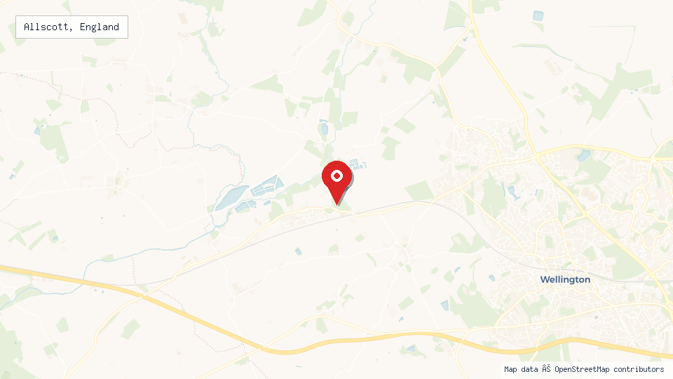 Street map of Allscott, England with location pin