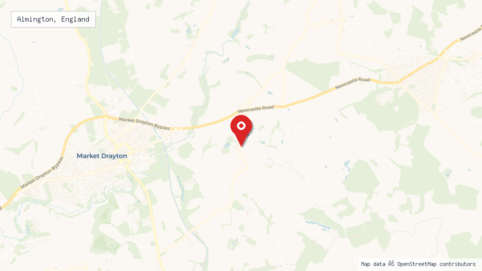 Street map of Almington, England with location pin