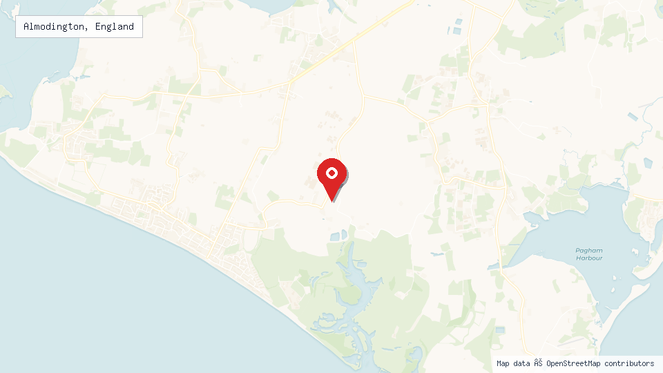 Street map of Almodington, England with location pin