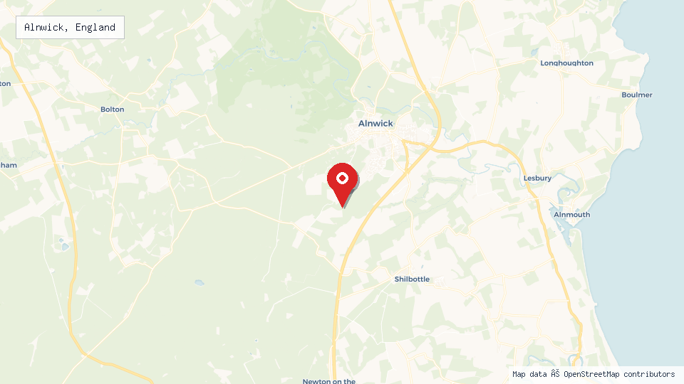 Street map of Alnwick, England with location pin