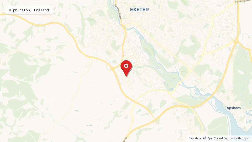 Street map of Alphington, England with location pin