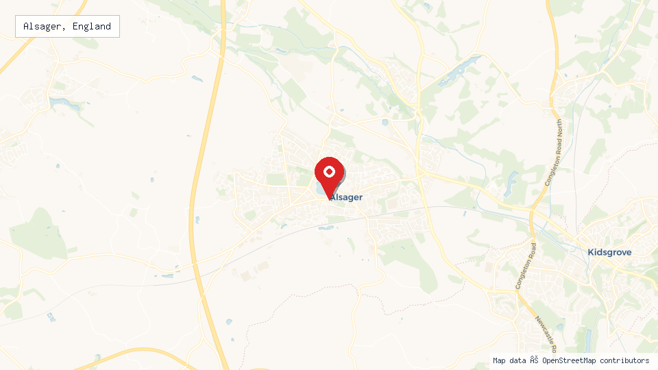 Street map of Alsager, England with location pin