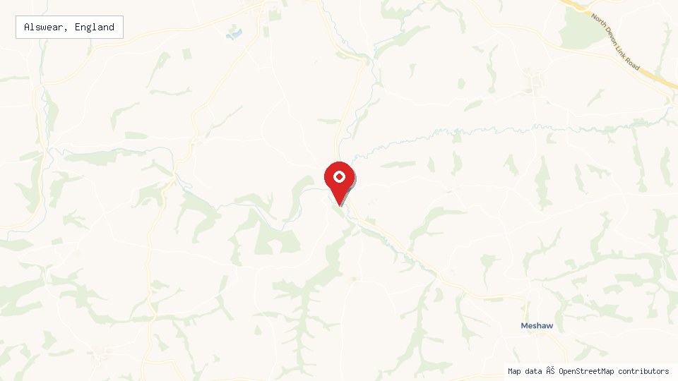 Street map of Alswear, England with location pin