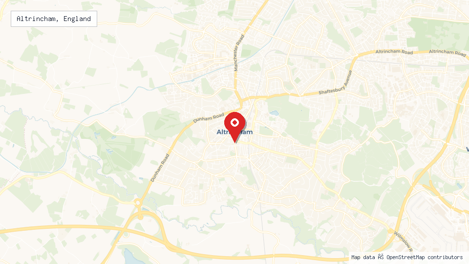Street map of Altrincham, England with location pin