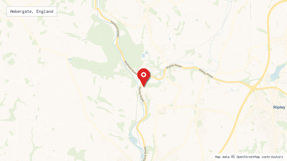 Street map of Ambergate, England with location pin