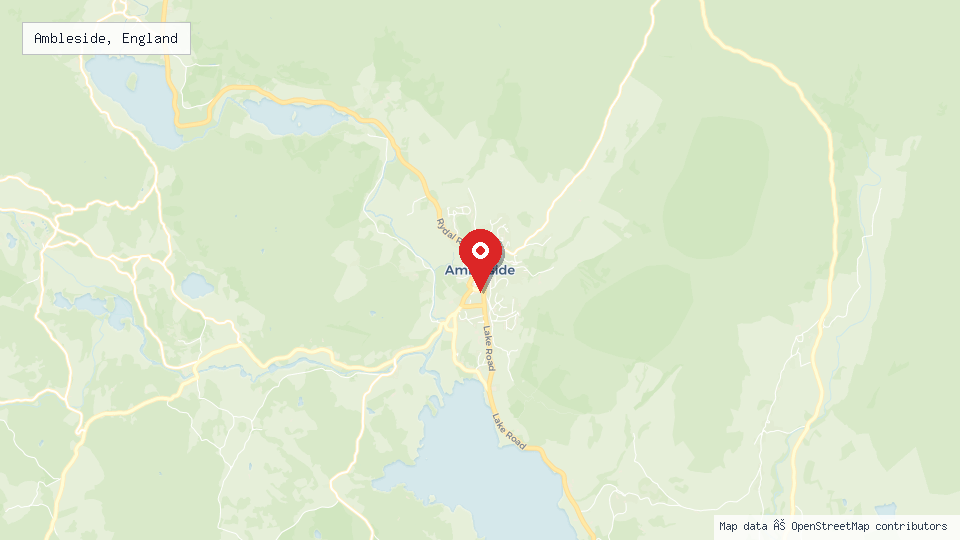 Street map of Ambleside, England with location pin
