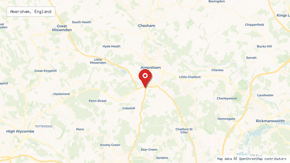 Street map of Amersham, England with location pin