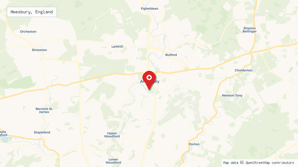 Street map of Amesbury, England with location pin
