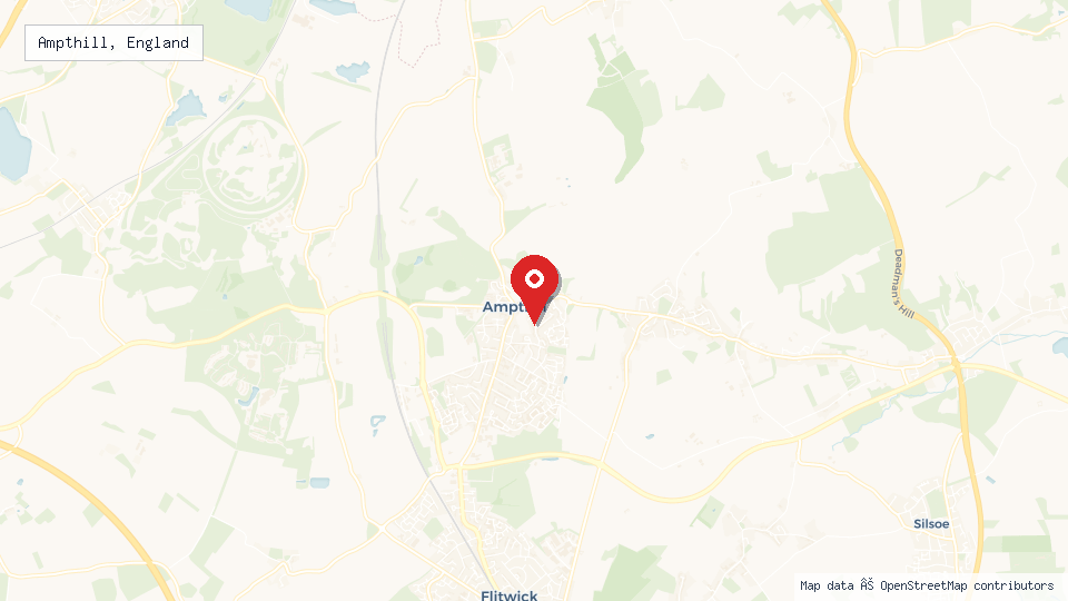 Street map of Ampthill, England with location pin