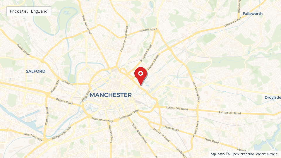 Street map of Ancoats, England with location pin