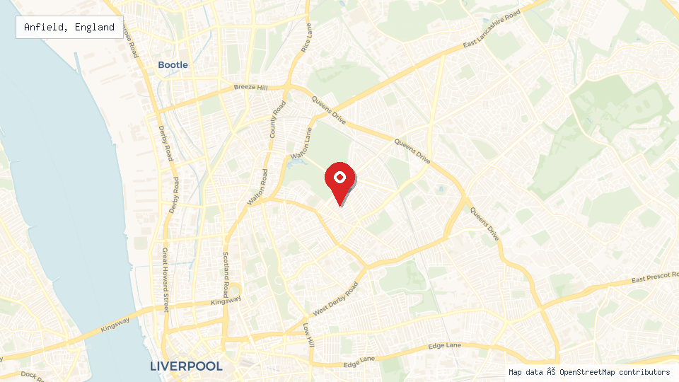 Street map of Anfield, England with location pin