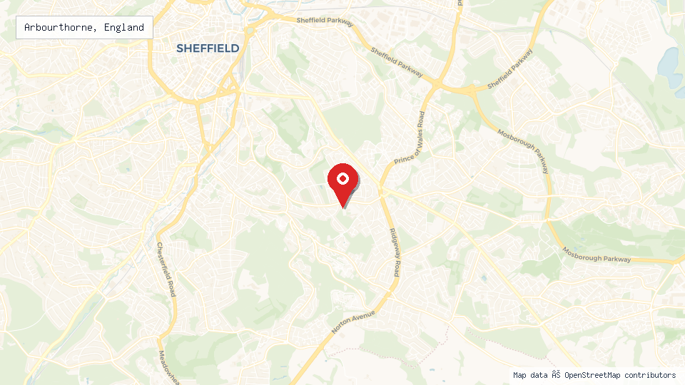 Street map of Arbourthorne, England with location pin