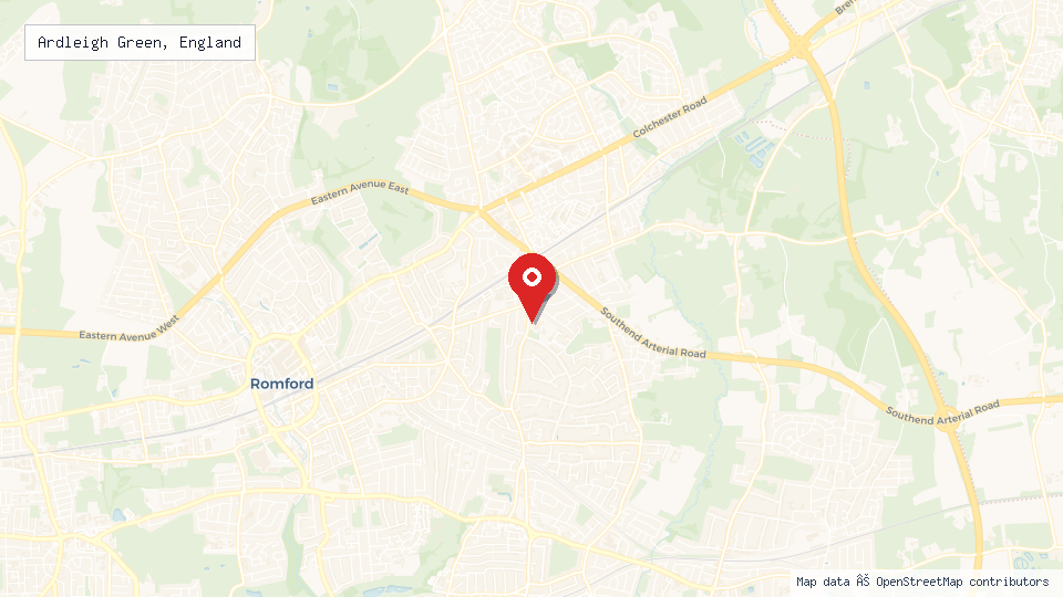 Street map of Ardleigh Green, England with location pin