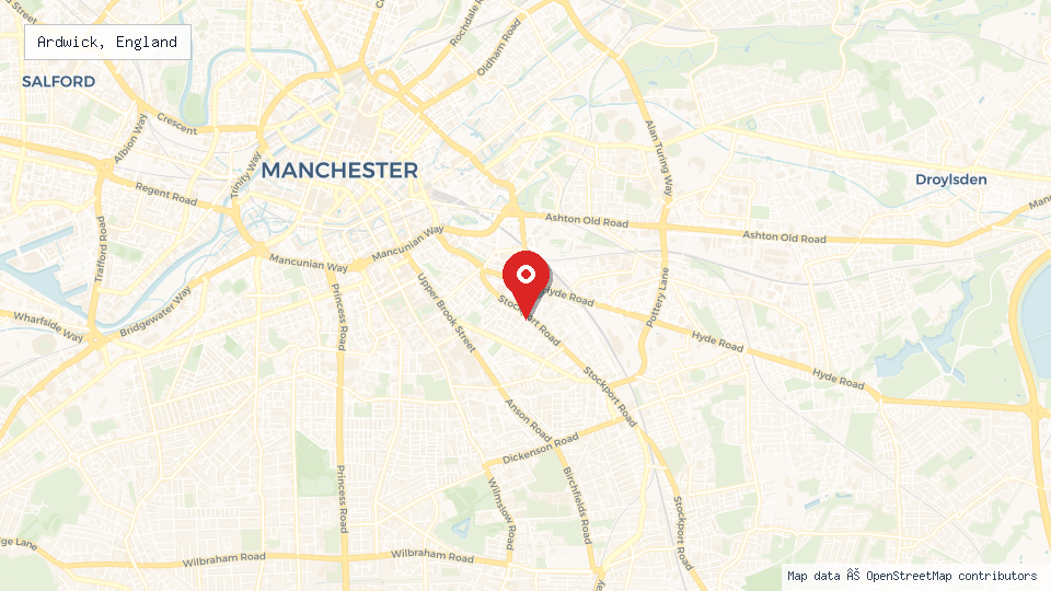 Street map of Ardwick, England with location pin