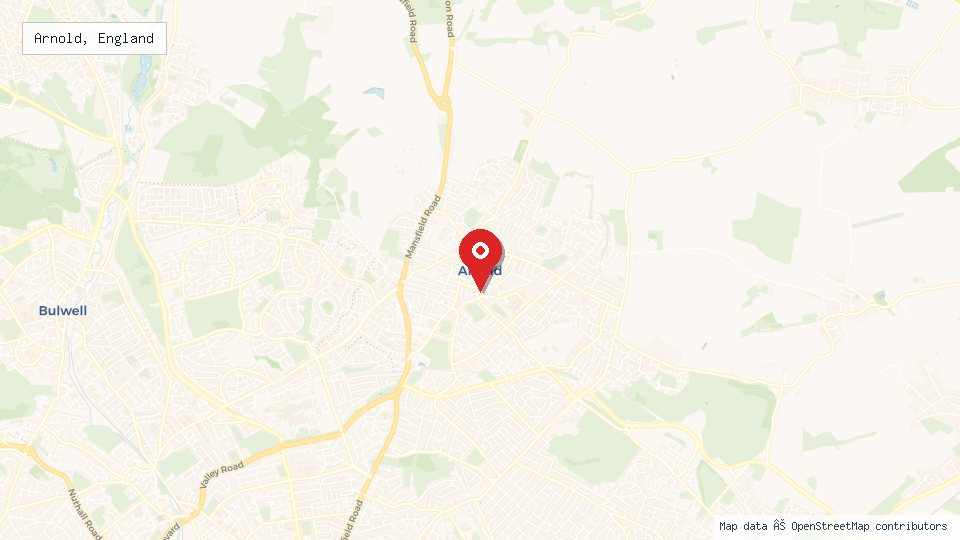 Street map of Arnold, England with location pin