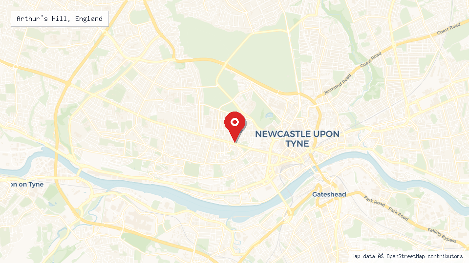 Street map of Arthur's Hill, England with location pin