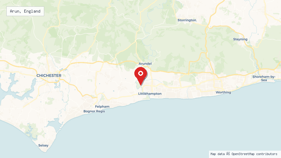 Street map of Arun, England with location pin
