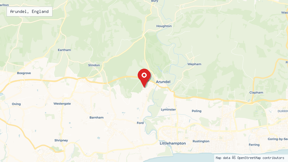 Street map of Arundel, England with location pin