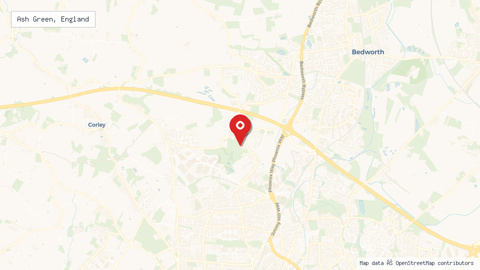 Street map of Ash Green, England with location pin
