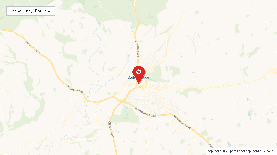 Street map of Ashbourne, England with location pin