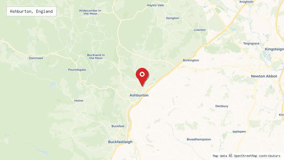 Street map of Ashburton, England with location pin