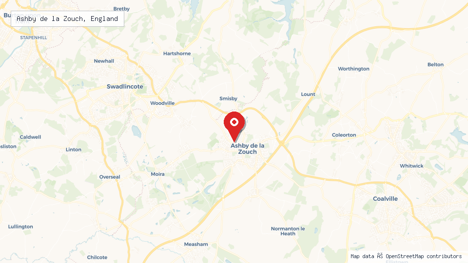 Street map of Ashby de la Zouch, England with location pin