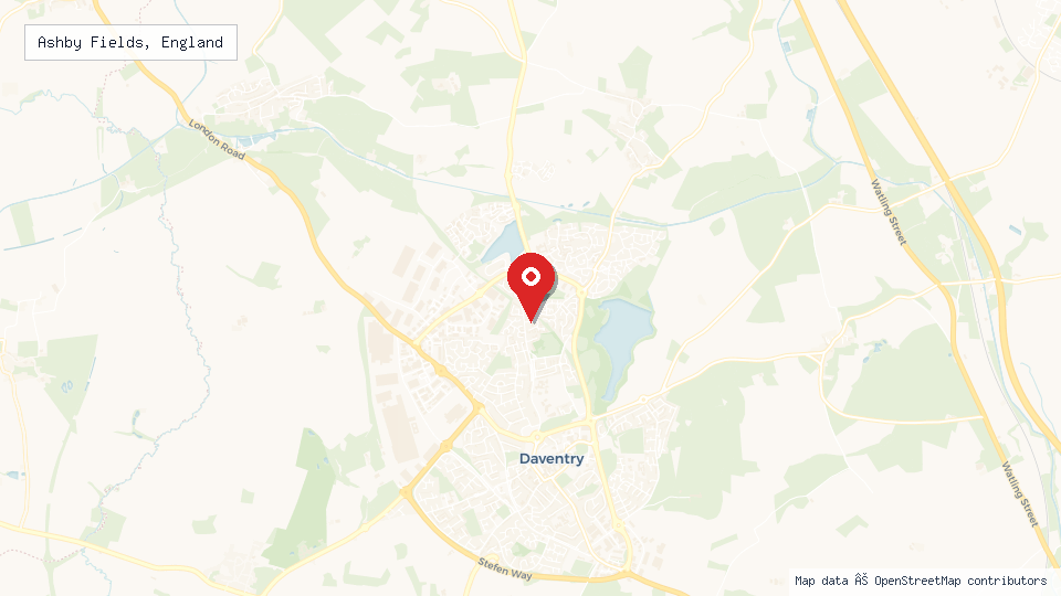Street map of Ashby Fields, England with location pin