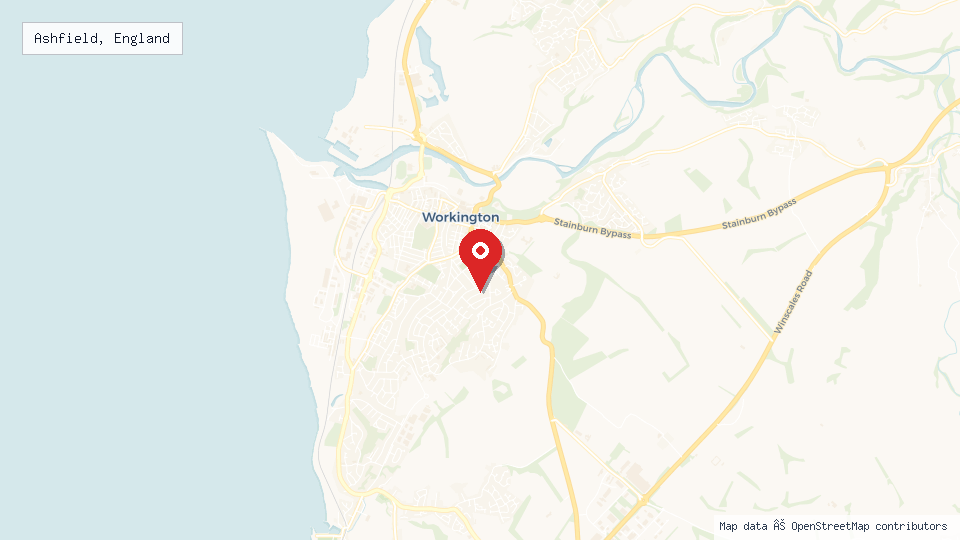Street map of Ashfield, England with location pin