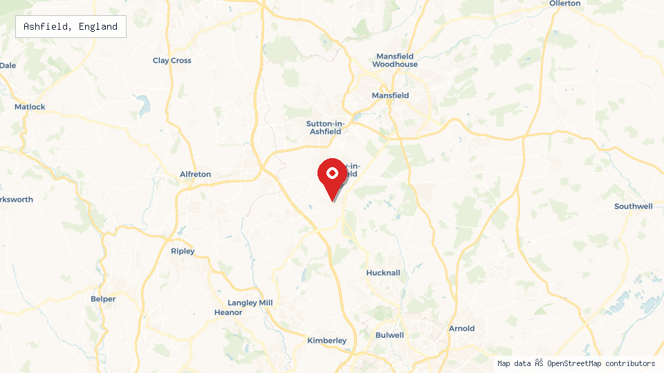 Street map of Ashfield, England with location pin