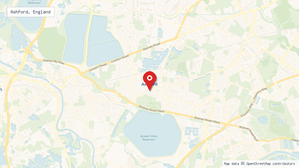 Street map of Ashford, England with location pin