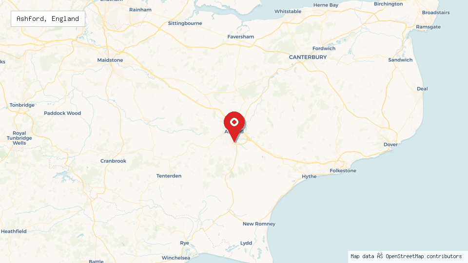 Street map of Ashford, England with location pin