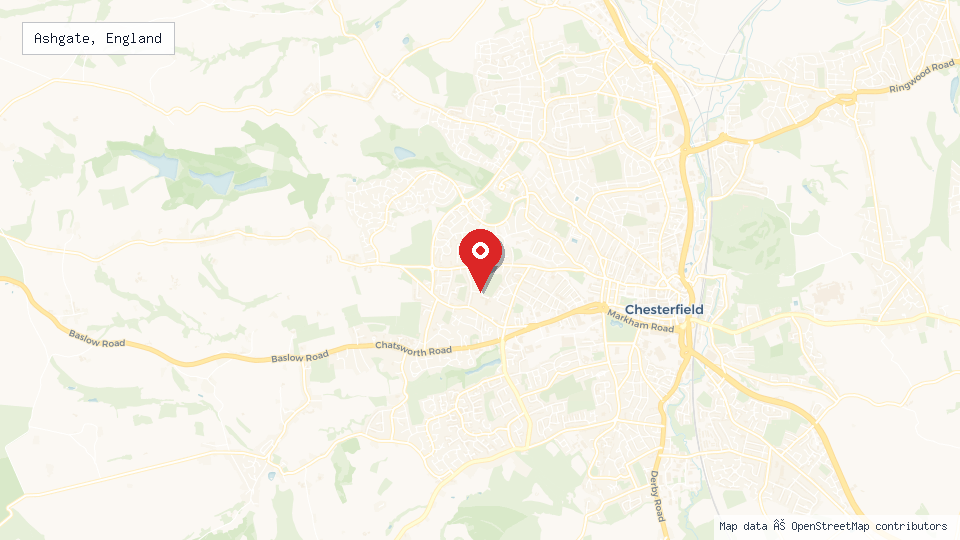 Street map of Ashgate, England with location pin