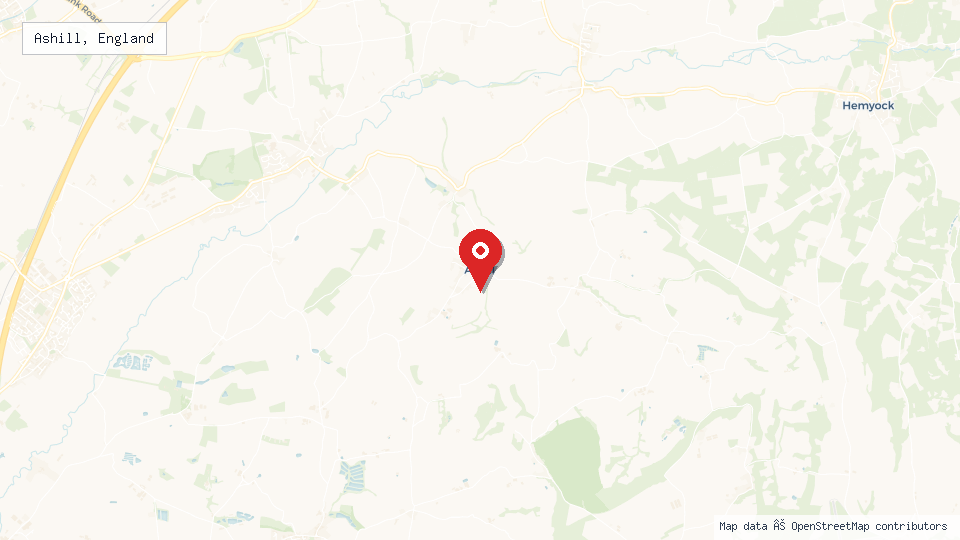Street map of Ashill, England with location pin