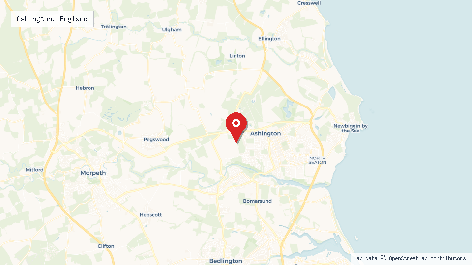 Street map of Ashington, England with location pin