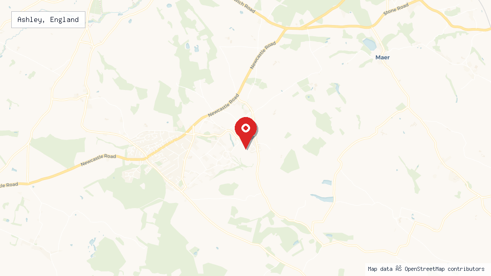 Street map of Ashley, England with location pin
