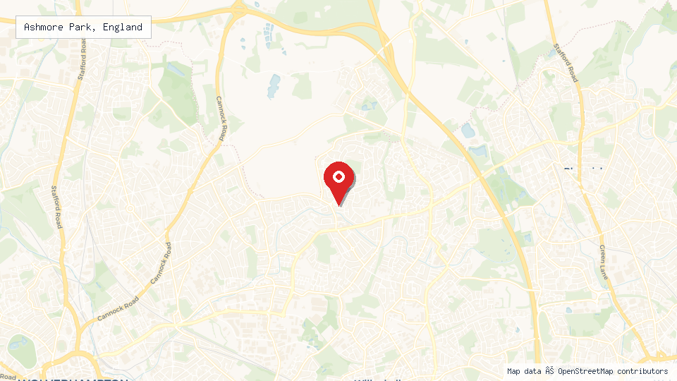 Street map of Ashmore Park, England with location pin