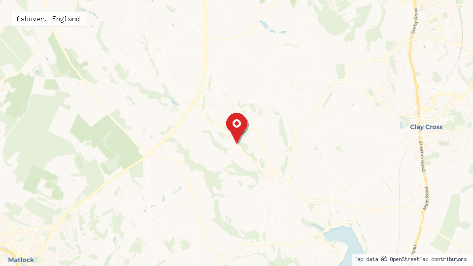 Street map of Ashover, England with location pin