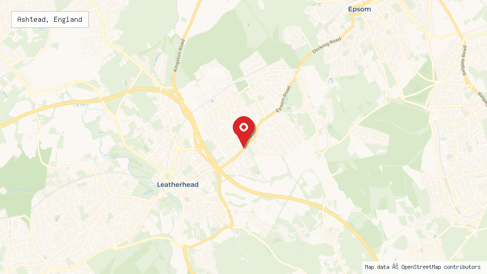 Street map of Ashtead, England with location pin