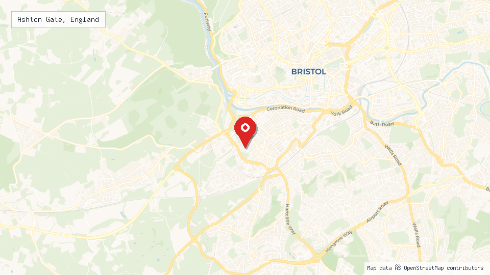 Street map of Ashton Gate, England with location pin