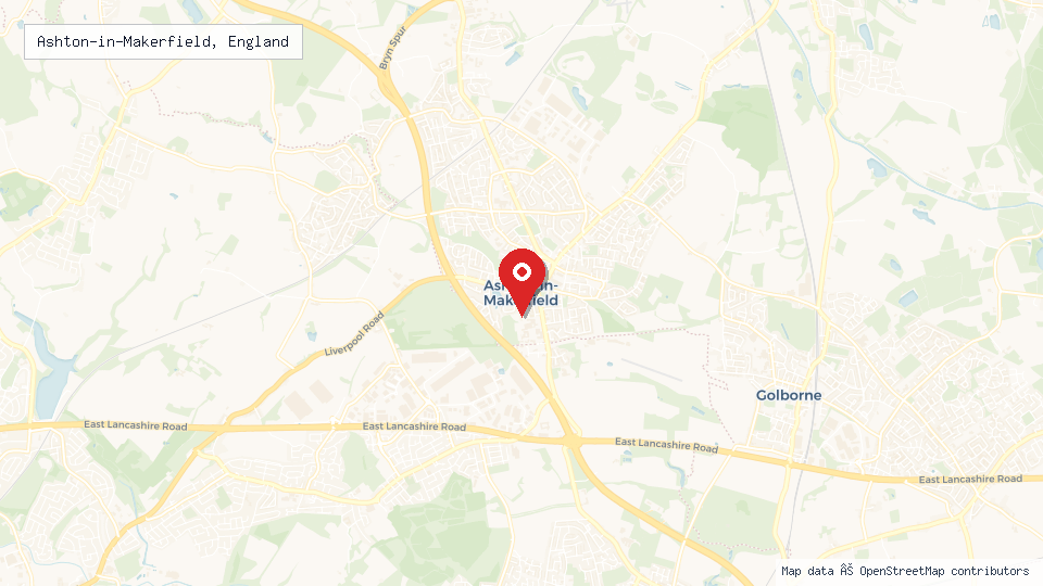 Street map of Ashton-in-Makerfield, England with location pin